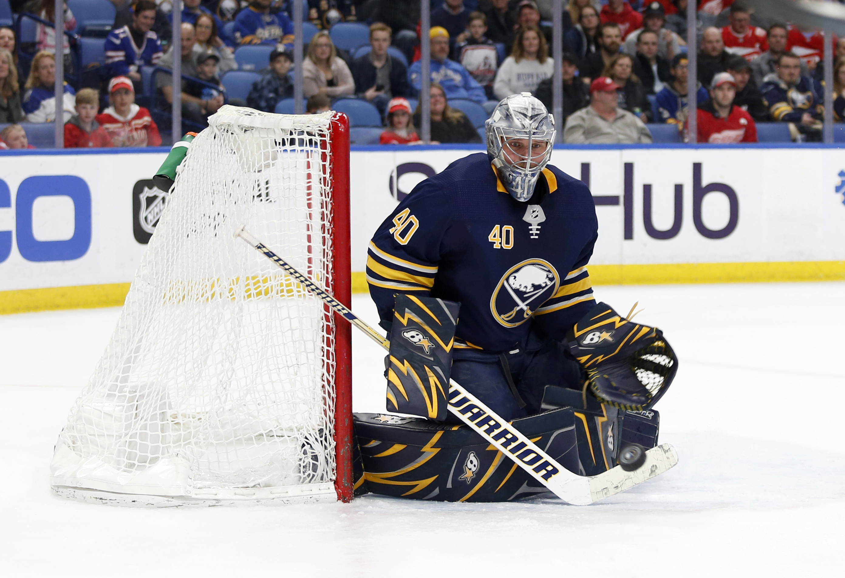 Mar 29, 2018; Buffalo, NY, USA; Buffalo Sabres goaltender Robin Lehner (40) looks to make a save during the first period against the Detroit Red Wings at KeyBank Center. Mandatory Credit: Timothy T. Ludwig-USA TODAY Sports