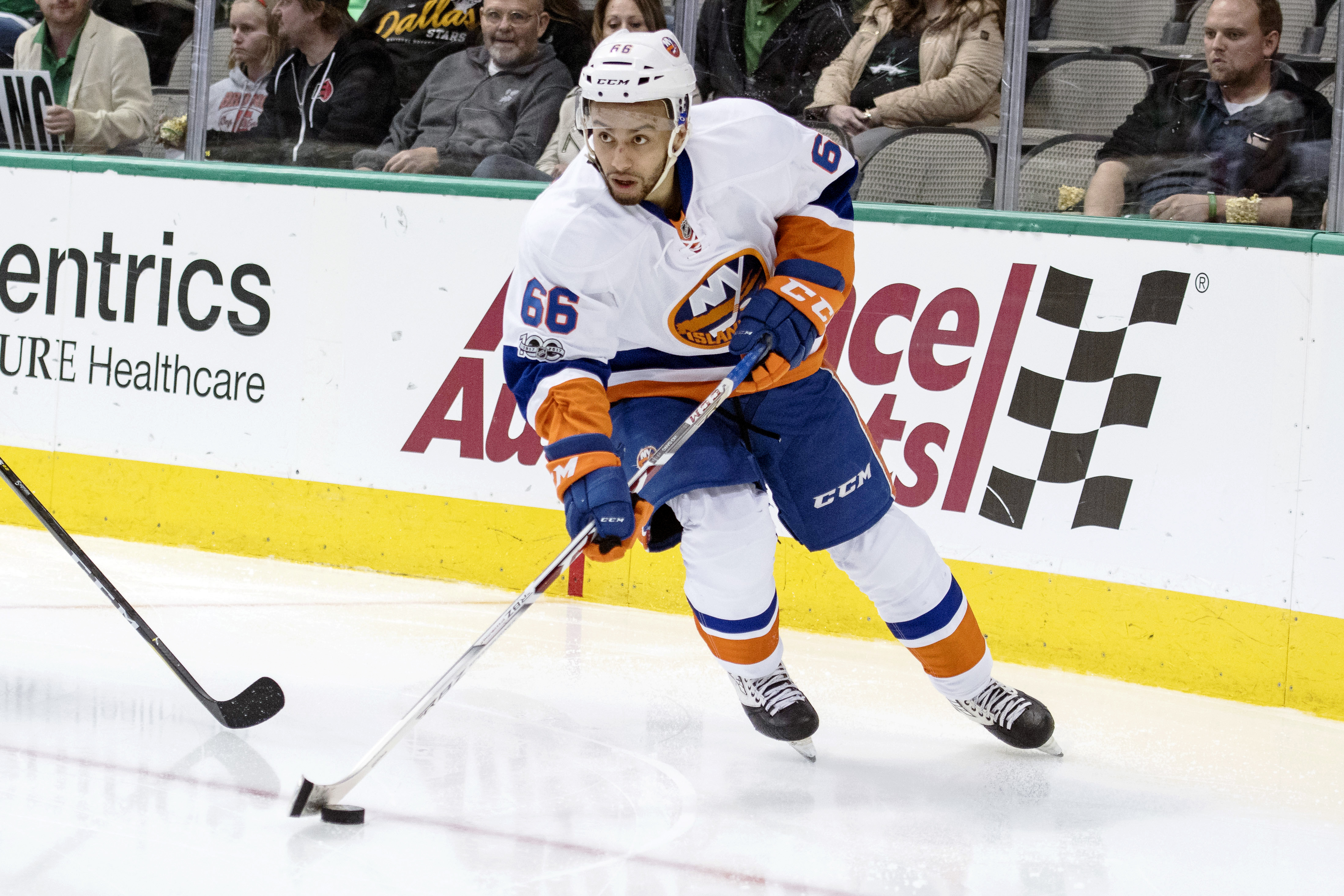 Mar 2, 2017; Dallas, TX, USA; New York Islanders right wing Josh Ho-Sang (66) skates in his first career NHL game during the second period against the Dallas Stars at the American Airlines Center. Mandatory Credit: Jerome Miron-USA TODAY Sports