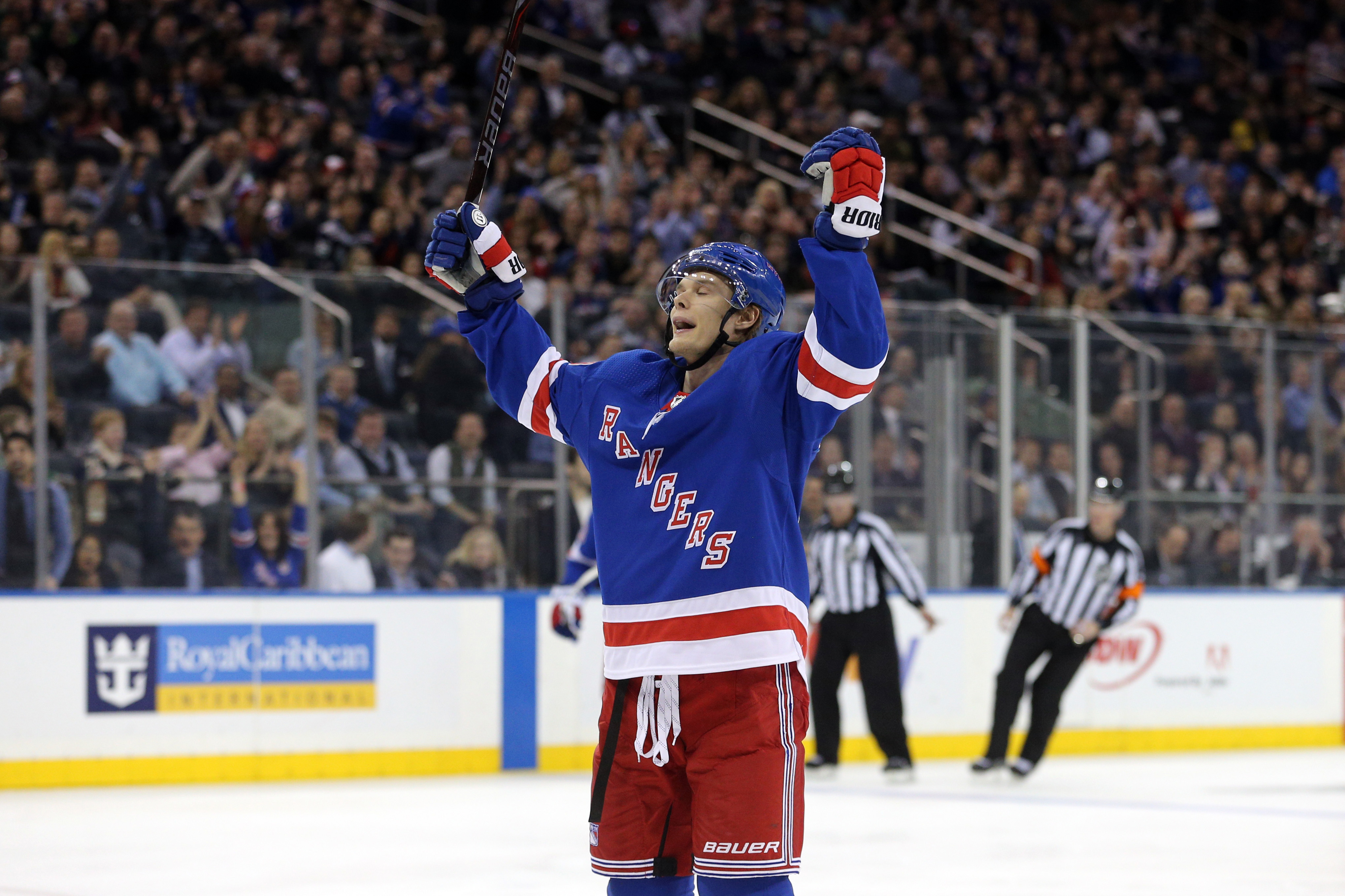 Mar 12, 2018; New York, NY, USA; New York Rangers center Vladislav Namestnikov (90) reacts after scoring a goal against the Carolina Hurricanes during the second period at Madison Square Garden. Mandatory Credit: Brad Penner-USA TODAY Sports