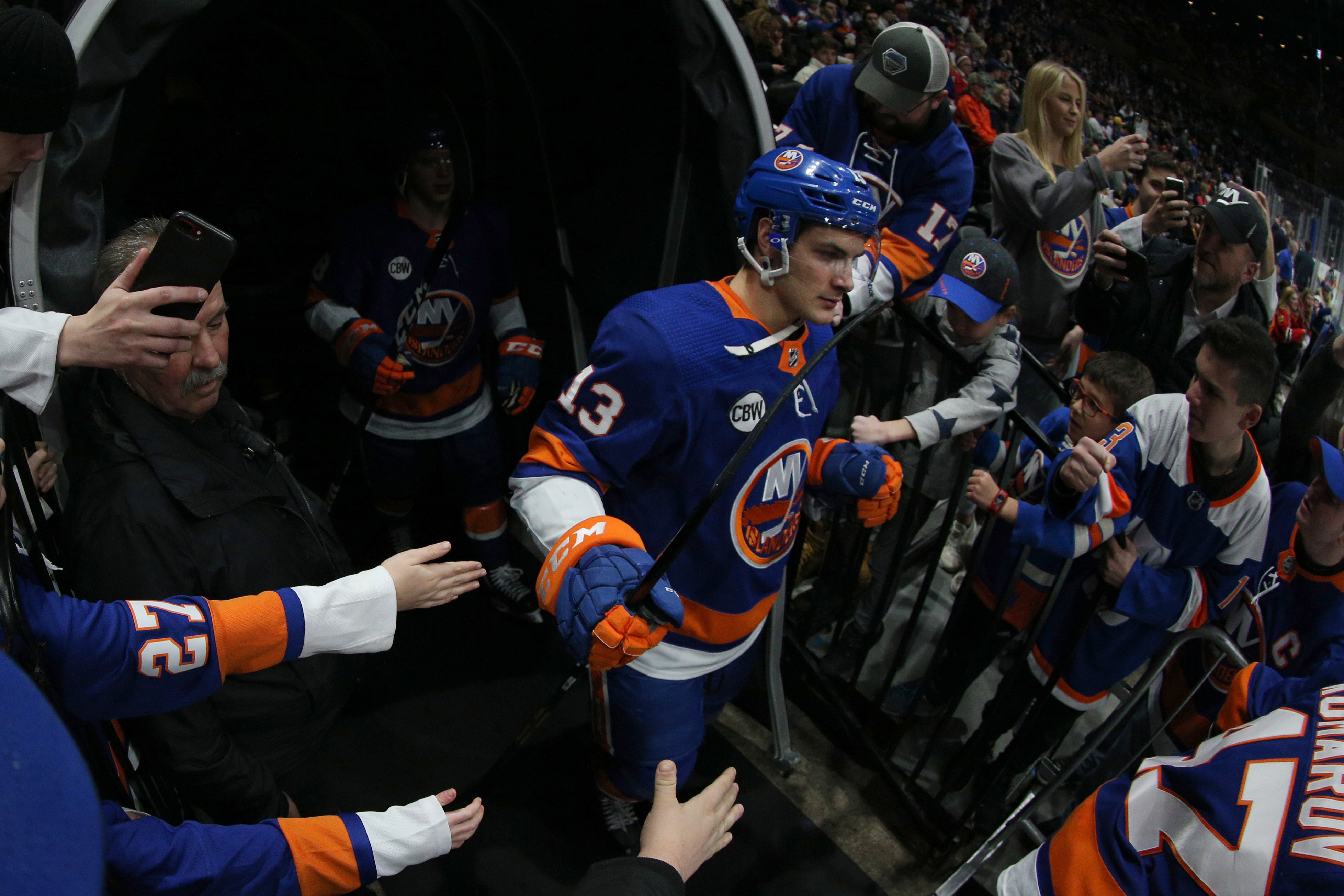 Jan 3, 2019; Uniondale, NY, USA; New York Islanders center Mathew Barzal (13) takes the ice for the second period against the Chicago Blackhawks at Nassau Veterans Memorial Coliseum. Mandatory Credit: Brad Penner-USA TODAY Sports