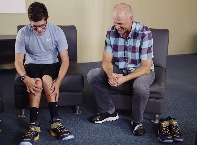 Matthew Walzer meets Tobie Hatfield, the Nike designer who crafted the Nike Zoom Solider 8 Flyease with Walzer as an inspiration — YouTube screen shot