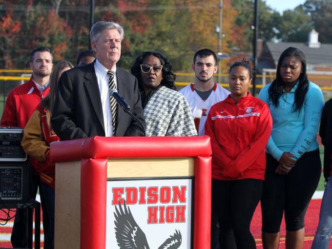 Congressman Frank Pallone, Jr. held a press conference with Edison High School students, coaches and administrators to introduce his federal legislation of the Cardiomyopathy Health Education, Awareness, Risk Assessment and Training in the Schools (HEARTS) Act at Edison High School in Edison, NJ Monday October 26, 2015. (Photo: Staff photo Tanya Breen, MyCentralJersey.com)