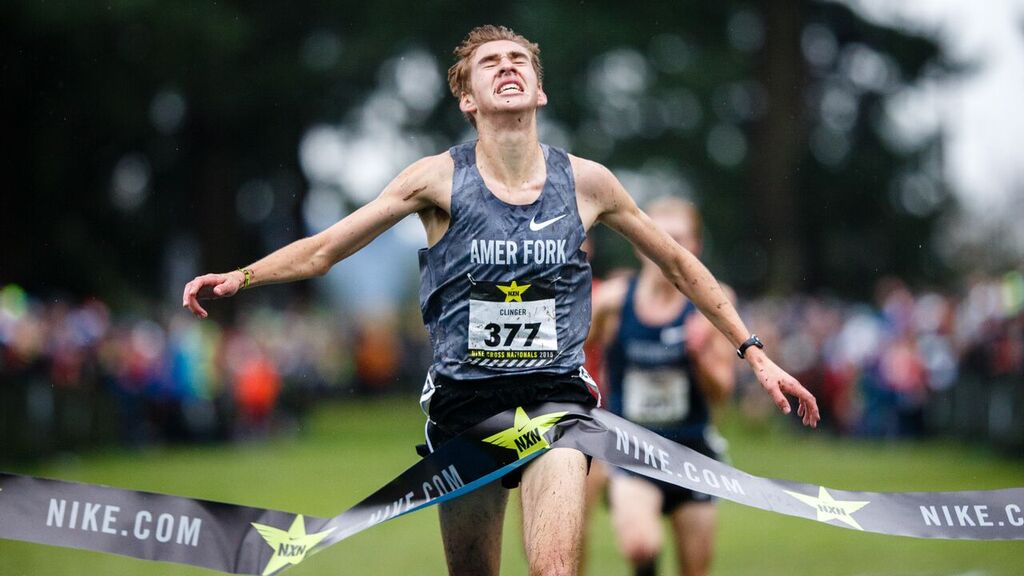 Casey Clinger from American Fork breaks the tape at Nike Cross Nationals (Photo: Nike)