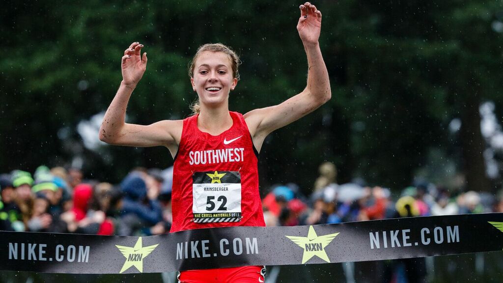 Katie Rainsberger crosses the finish line as the winner of the Nike Cross Nationals in Oregon (Photo: Nike)