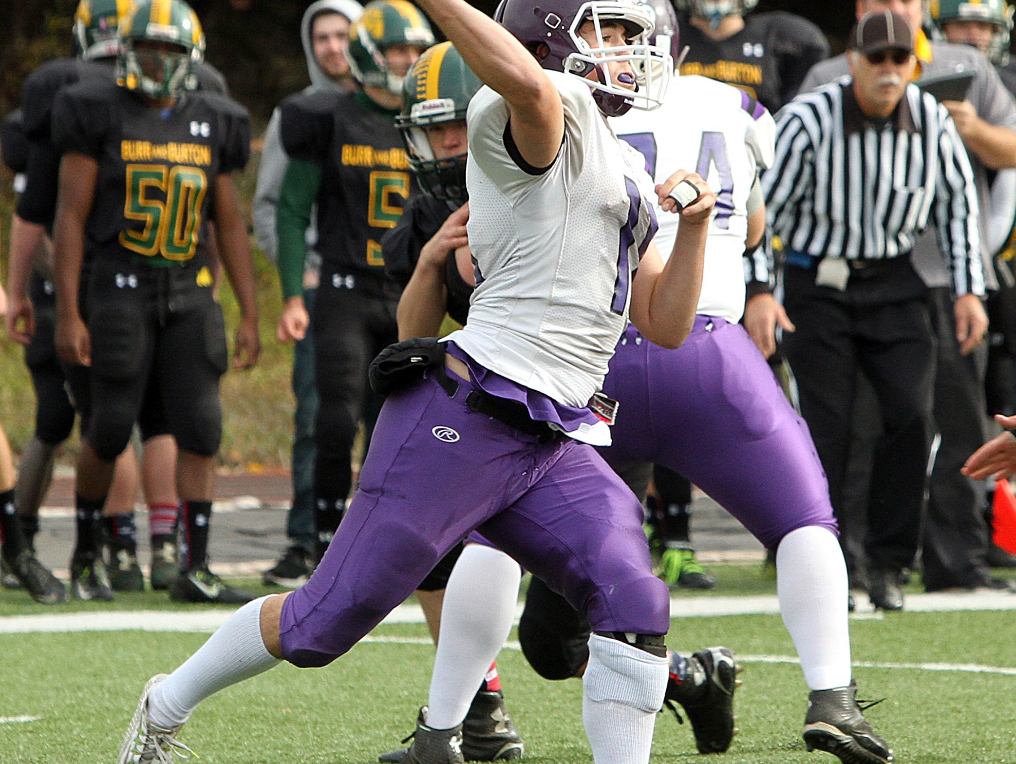 Bellows Falls quarterback Zac Streeter completes a pass in the fourth quarter of the Terriers' 28-7 loss to Burr and Burton in the Division II state high school football championship game on Saturday, Nov. 7, 2015.