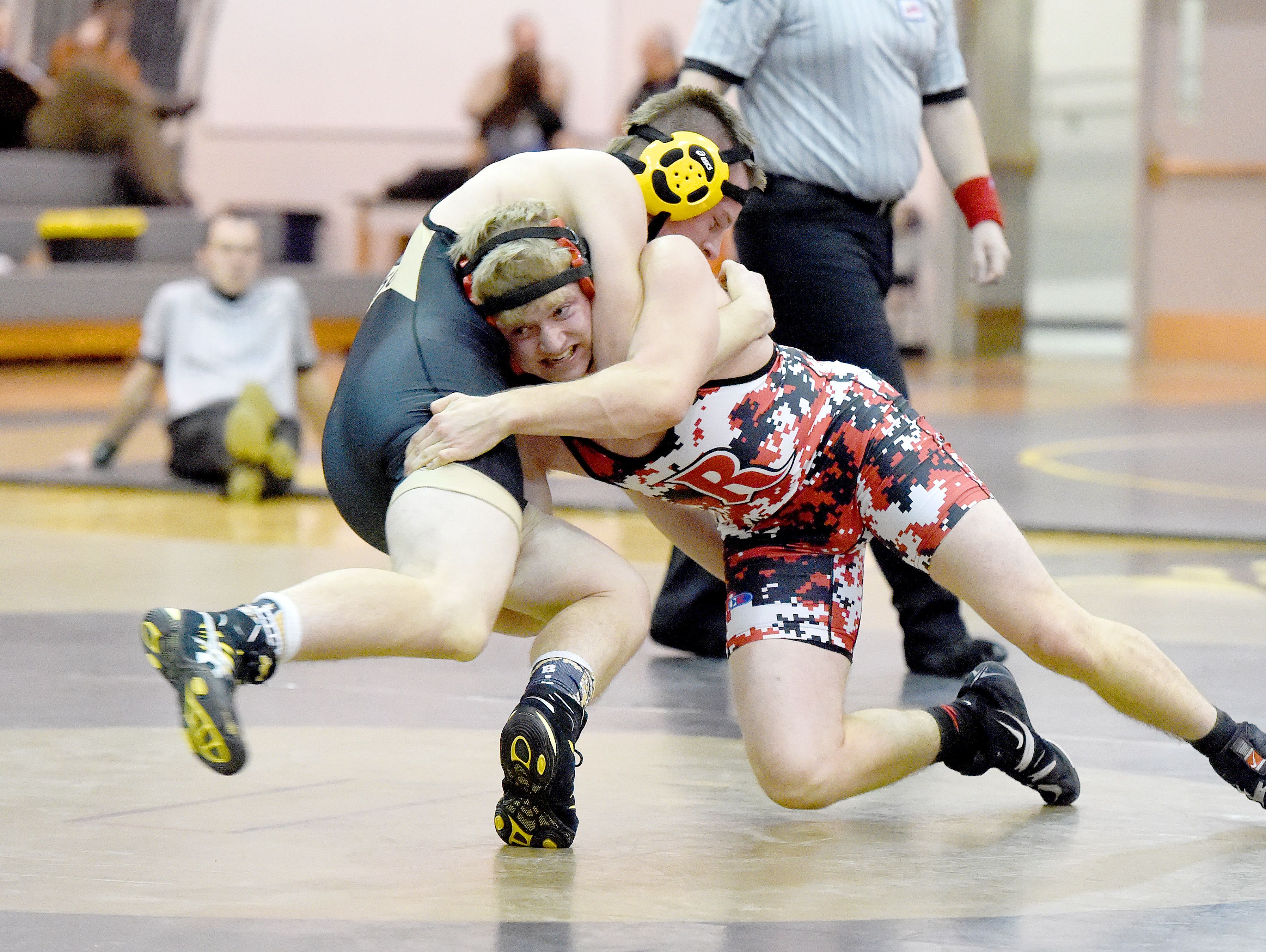 Riverheads' Dillon Martin (right) wrestles Buffalo Gap's Ryan Wilcher in a 160-pound weight class during the Bison Wrestling Quad in Swoope on Wednesday, Jan. 6, 2016. Martin won the match.