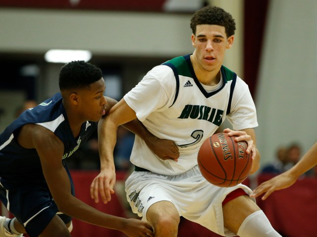Lonzo Ball (2) works the ball against High Point Christian's Jalen Cone. (Photo: David Butler II, USA TODAY Sports)