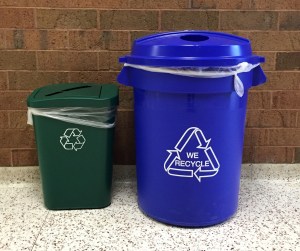 The recycling bins now used throughout the high school and other district schools 