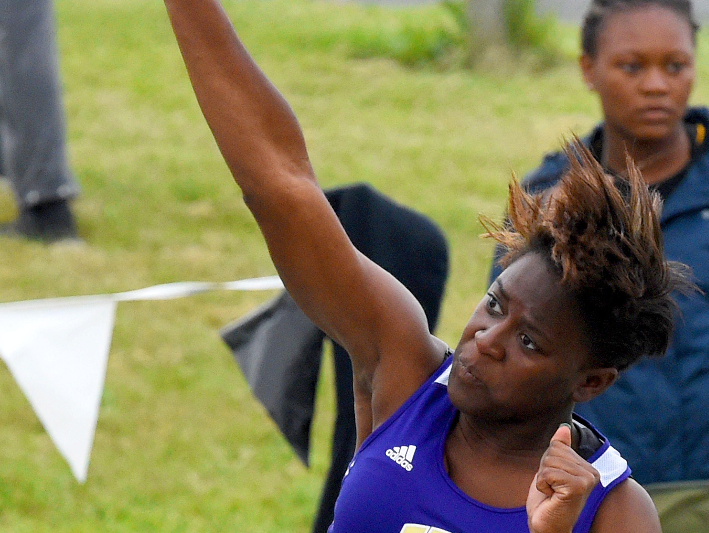 Waynesboro's Jayna Jean-jules competes in the girls' shot put throw competition at the Conference 29 track and field championships on May 21, 2015.