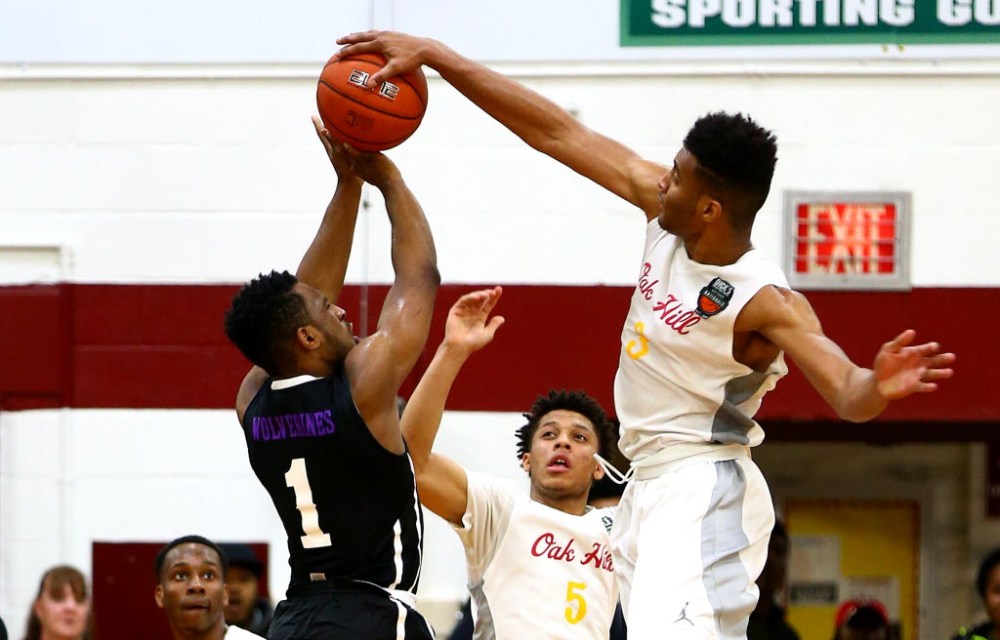 Oak Hill Academy forward Braxton Key (3) blocks a shot by Miller Grove guard Aaron Augustin (1) during Oak Hill's 47-46 DICK'S Sporting Goods High School Nationals semifinal defeat of Miller Grove. (Photo: Andy Marlin USA TODAY Sports Images)