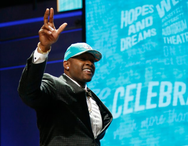Laremy Tunsil (Mississippi) was selected by the Miami Dolphins as the number thirteen overall pick in the first round of the 2016 NFL Draft at Auditorium Theatre (Photo: Kamil Krzaczynski-USA TODAY Sports)