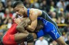 Apr 10, 2016; Iowa City, IA, USA; Mark Hall II (top, blue) wrestles Quinton Godley (red) during the mens 74kg freestyle match at Carver-Hawkeye Arena. Hall II won 11-5. Mandatory Credit: Jeffrey Becker-USA TODAY Sports ORG XMIT: USATSI-267840 ORIG FILE ID: 20160408_pjc_bc9_012.JPG