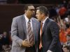 Feb 28, 2015; Charlottesville, VA, USA; Virginia Cavaliers assistant coach Jason Williford, left, with head coach Tony bennett, has been on the moved for most of the summer, evaluating talent at AAU basketball events.