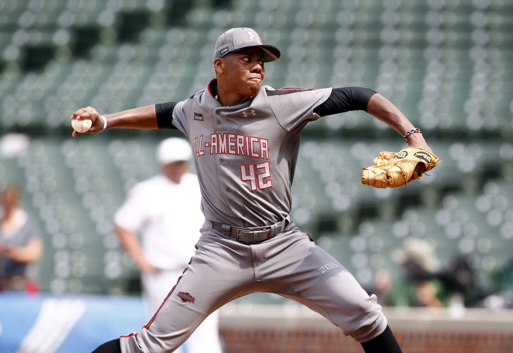 Jul 23, 2016; Chicago, IL, U.S.A: American Team starting pitcher Hunter Greene (42) delivers a pitch during the first inning against the National Team at the Under Armour All America Baseball game at Wrigley Field. -- Photo by Caylor Arnold, USA TODAY Sports Images, Gannett ORG XMIT: US 135238 Under Armour 7/23/2016 [Via MerlinFTP Drop]