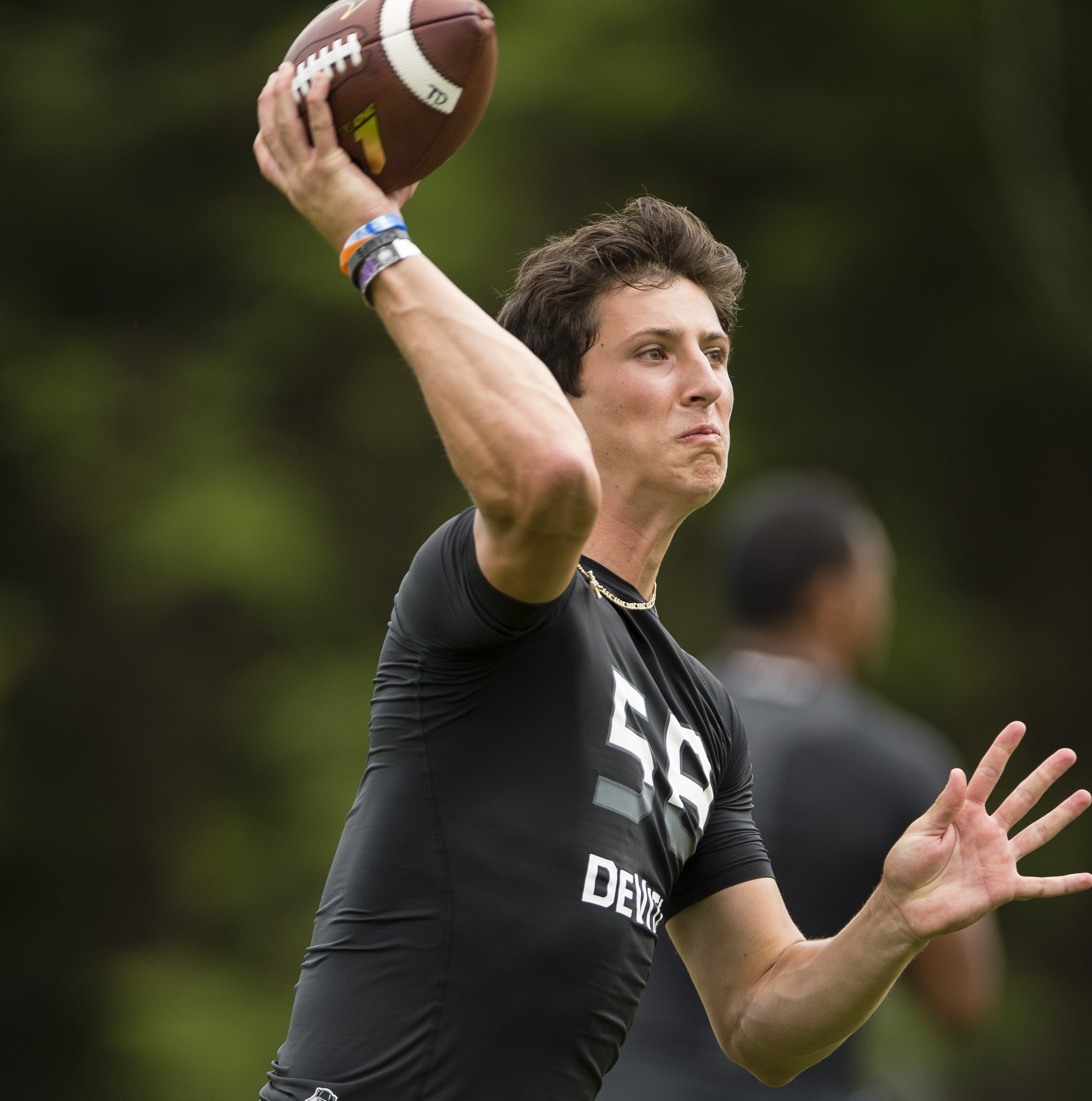 July 8, 2016 -- Beaverton, OR, U.S.A -- Quarterback Tommy DeVito of Don Bosco Prep (New Jersey) throws a pass at The Opening and Elite 11 high school football camp held at Nike headquarters in Oregon. -- Photo by Troy Wayrynen-USA TODAY Sports Images, Gannett ORG XMIT: US 135130 opening/ elite 1 7/6/ [Via MerlinFTP Drop]