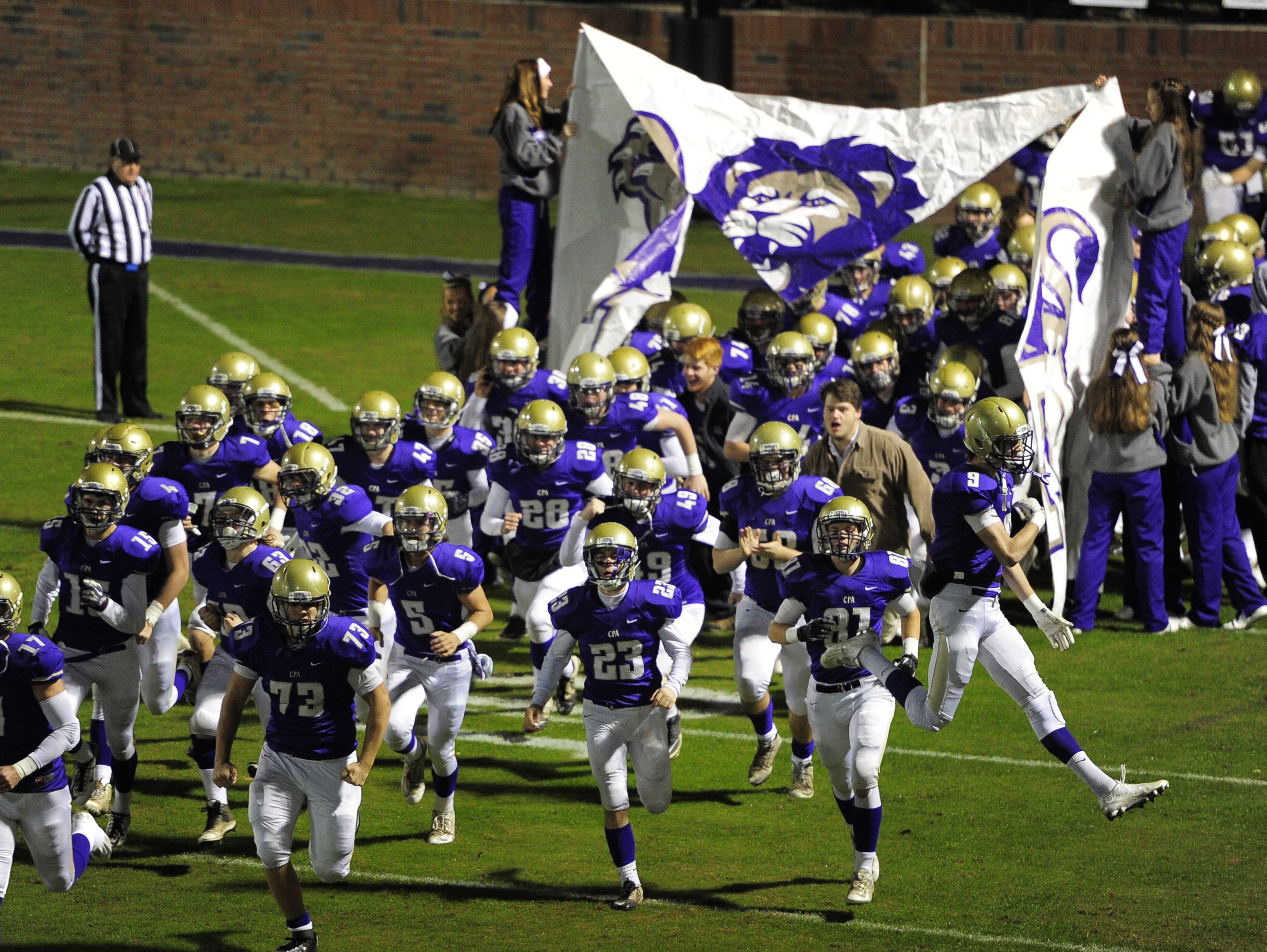 CPA takes the field before the game against Stratford Friday Nov. 13, 2015, in Nashville, Tenn.