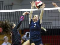 Eau Gallie's Jamie Clark (3) blocks a shot during a match against Palm Bay.