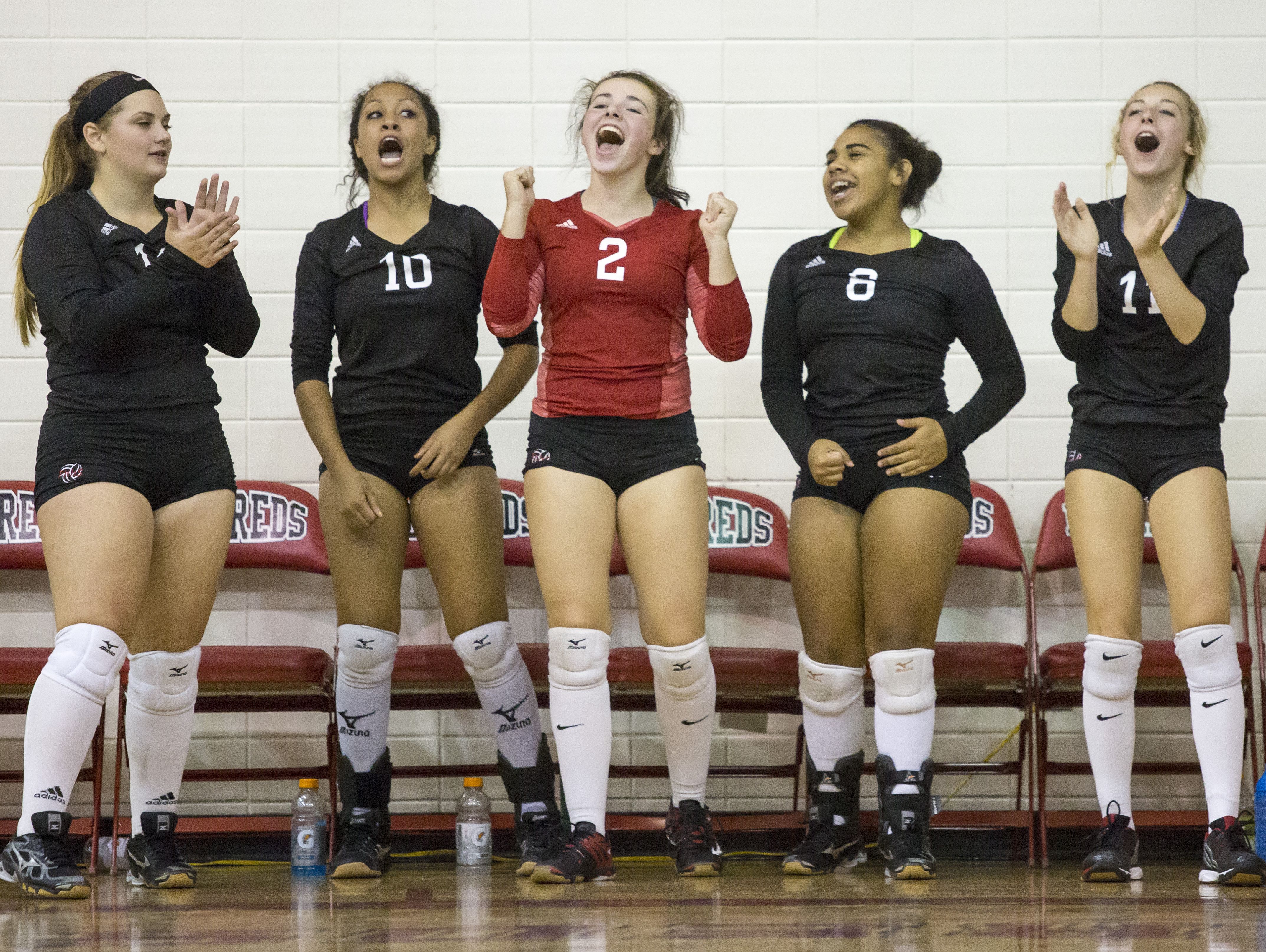 Port Huron players celebrate on the bench during a volleyball game at Port Huron High School.