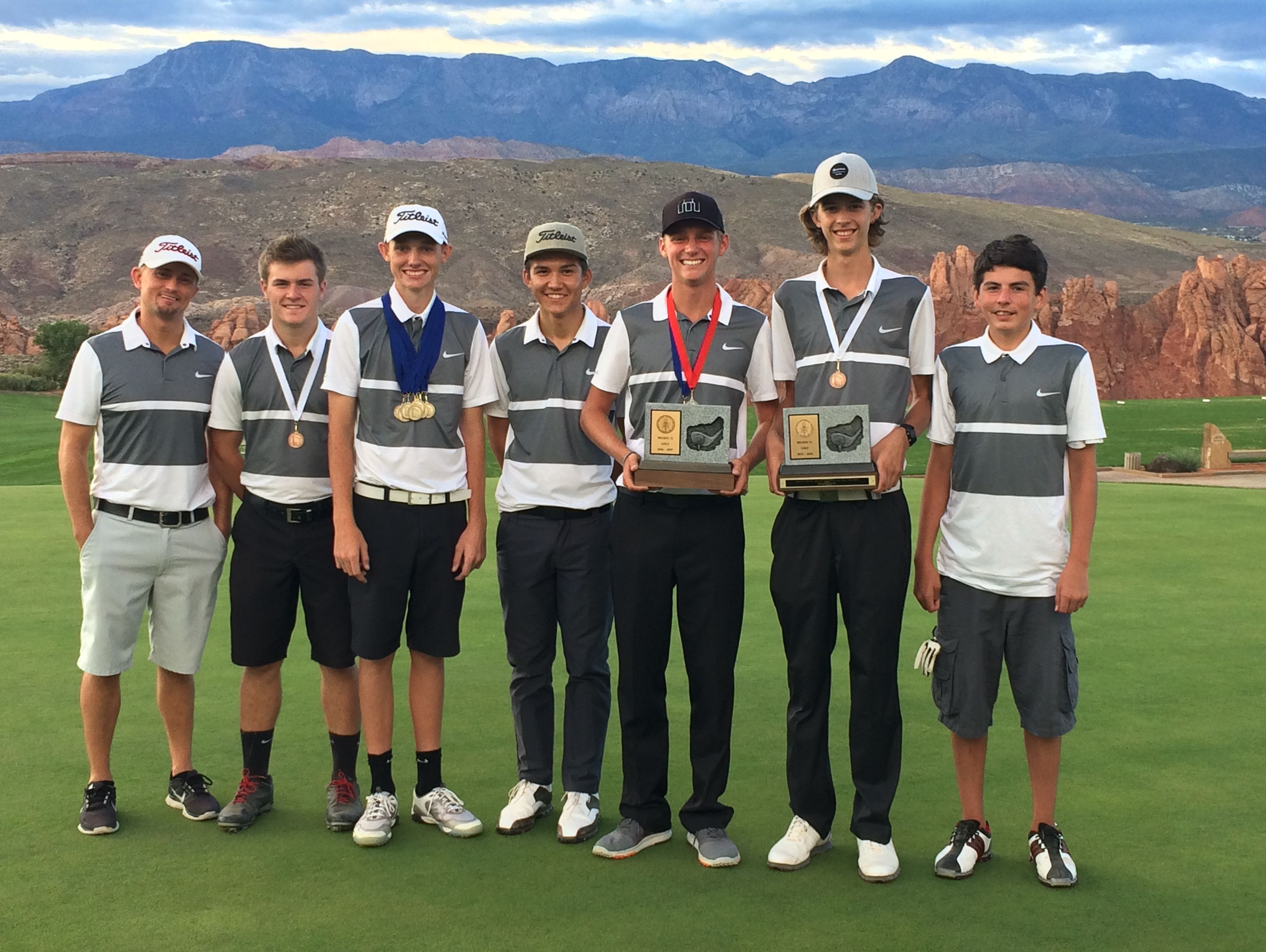 The Pine View golf team poses for a picture at Sky Mountain after winning back-to-back region titles. The Panthers had four players place in the Top 5 individually.