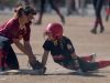 Rapid City Central's Emilee Wiedmann safely returns to third after Roosevelt's Shayla Running is late on the tag during their game at Sherman Park Softball Complex.