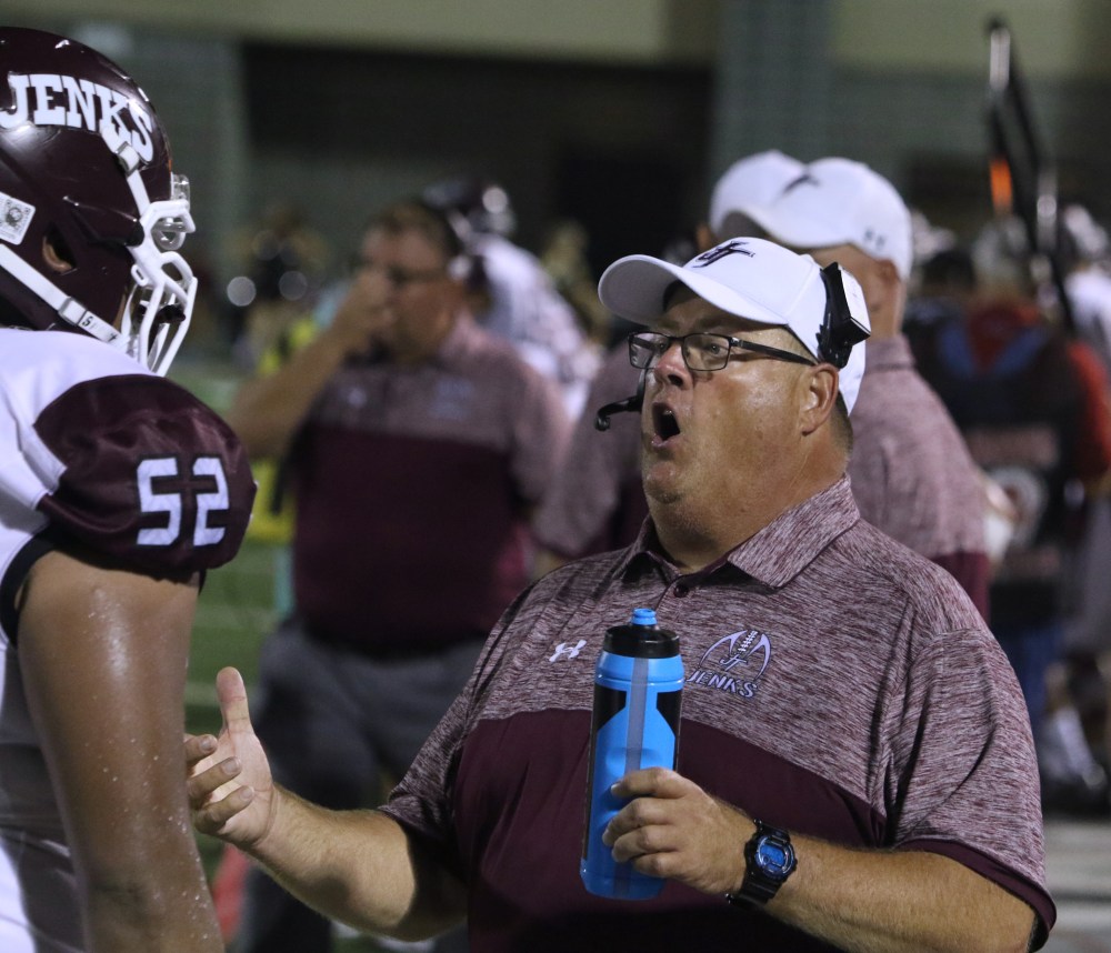 Jenks football coach Allan Trimble's Trojans defeated Norman 55-0 on Friday to improve to 5-0. (Photo: Duane Whitsett/duanewhittsettphotography.com