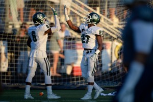 WR Jovel Smith celebrates with Jovan Smith during theTrinity football game against Lafayette in Lexington, KY on Friday, September 3, 2016. Mike Weaver/Special to the CJ