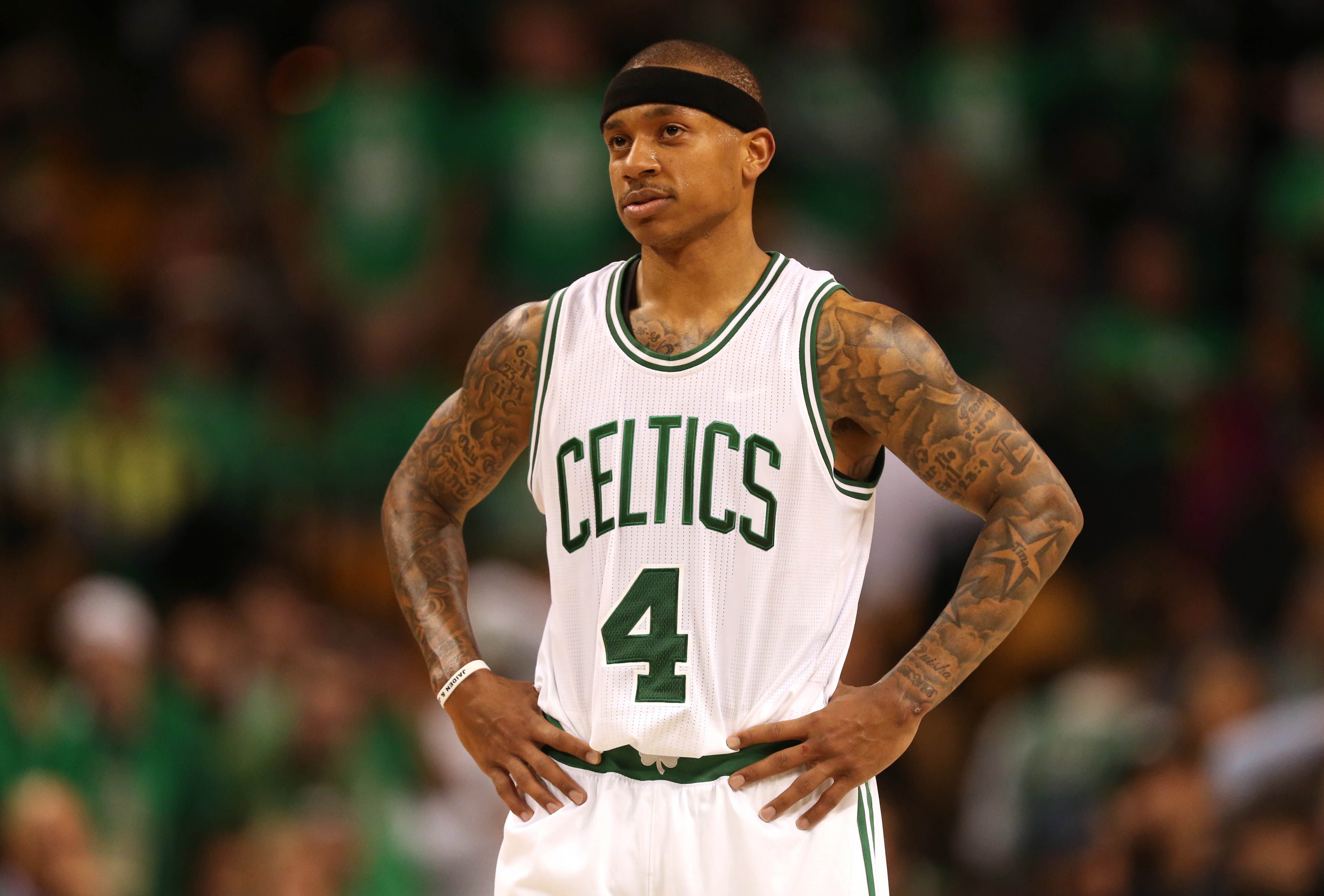 Apr 28, 2016; Boston, MA, USA; Boston Celtics guard Isaiah Thomas (4) reacts against the Atlanta Hawks during the second half in game six of the first round of the NBA Playoffs at TD Garden. Mandatory Credit: Mark L. Baer-USA TODAY Sports ORG XMIT: USATSI-268192 ORIG FILE ID: 20160428_sal_aa6_080.JPG