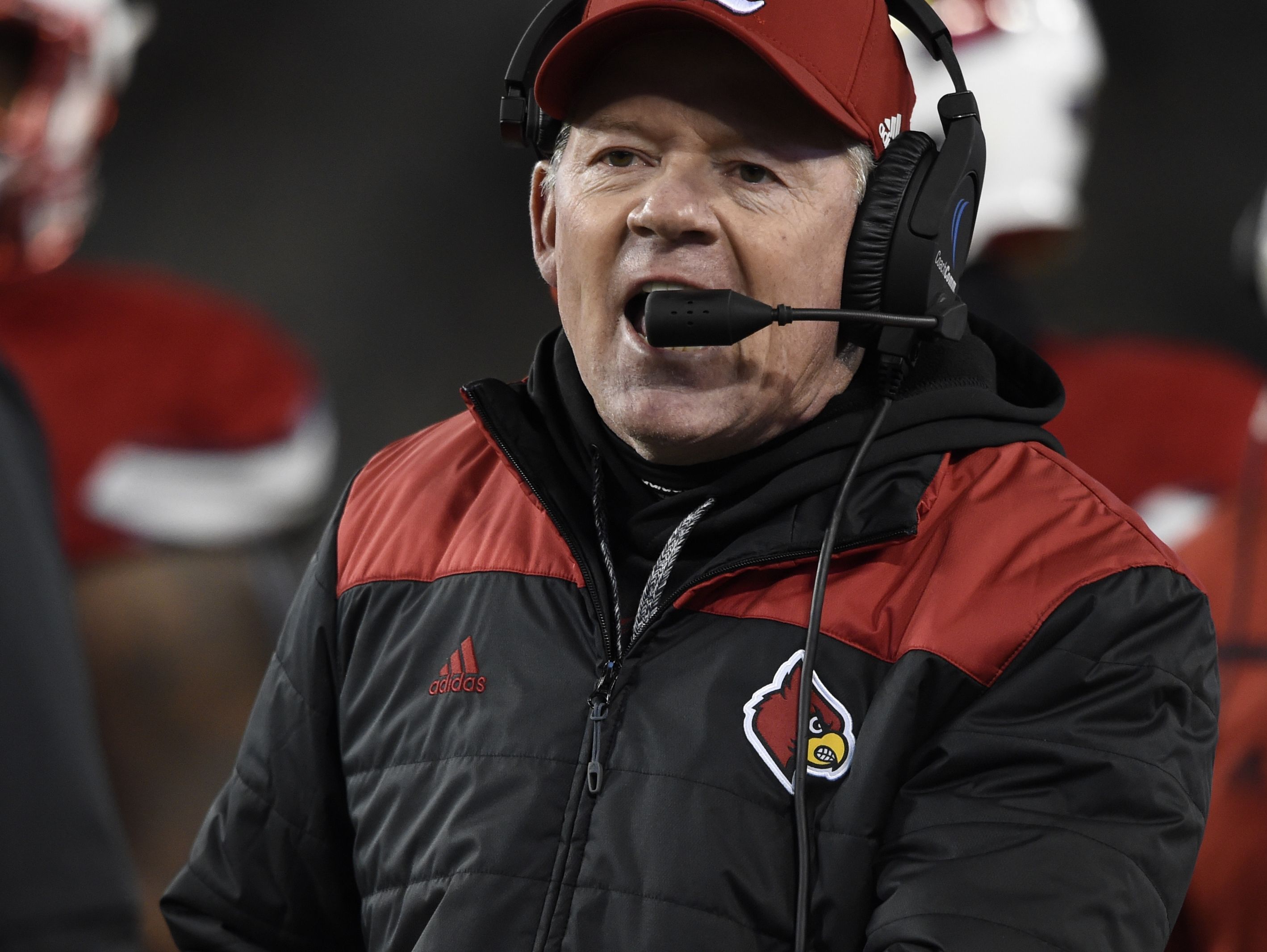 Louisville coach Bobby Petrino argues an official's call during the second quarter of their game against Texas A&M at the Franklin American Mortgage Music City Bowl at Nissan Stadium Wednesday Dec. 30, 2015, in Nashville, Tenn.