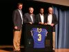From left, Goodpasture Principal Lindsey Judd, Goodpasture athletics director Clint Parnell, honoree Keenan Reynolds and former Goodpasture coach David Martin pose with Reynolds' retired high school jersey at the "Salute to Keenan Reynolds" on Friday night at Goodpasture.