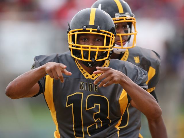 Detroit King's Ambry Thomas celebrates his touchdown against Southfield A&T during King's 39-0 win Saturday, Aug. 27, 2016 at Wayne State.