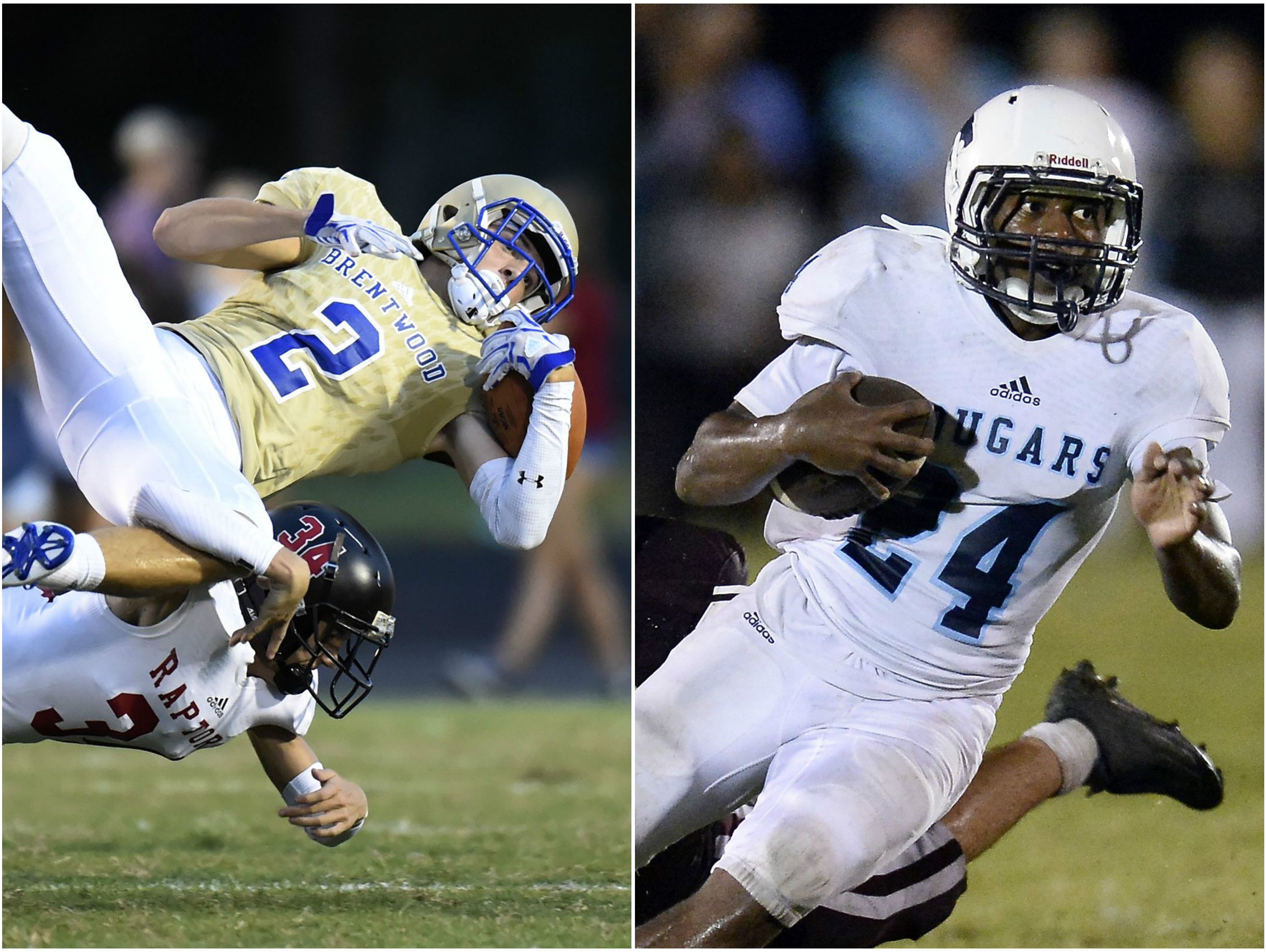 Brentwood's wide receiver Parker Bullion (left) and Centennial running back Zyon Lee (right)