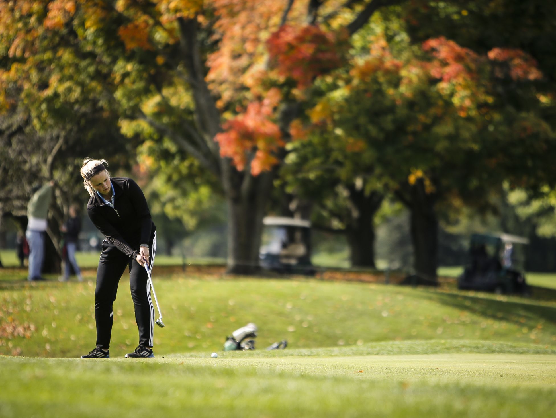 Lansing Catholic senior Abigail Meder works the fourth green during the Div. 4 Girls Golf Finals October 15, 2016, at Forest Akers West at Michigan State University.