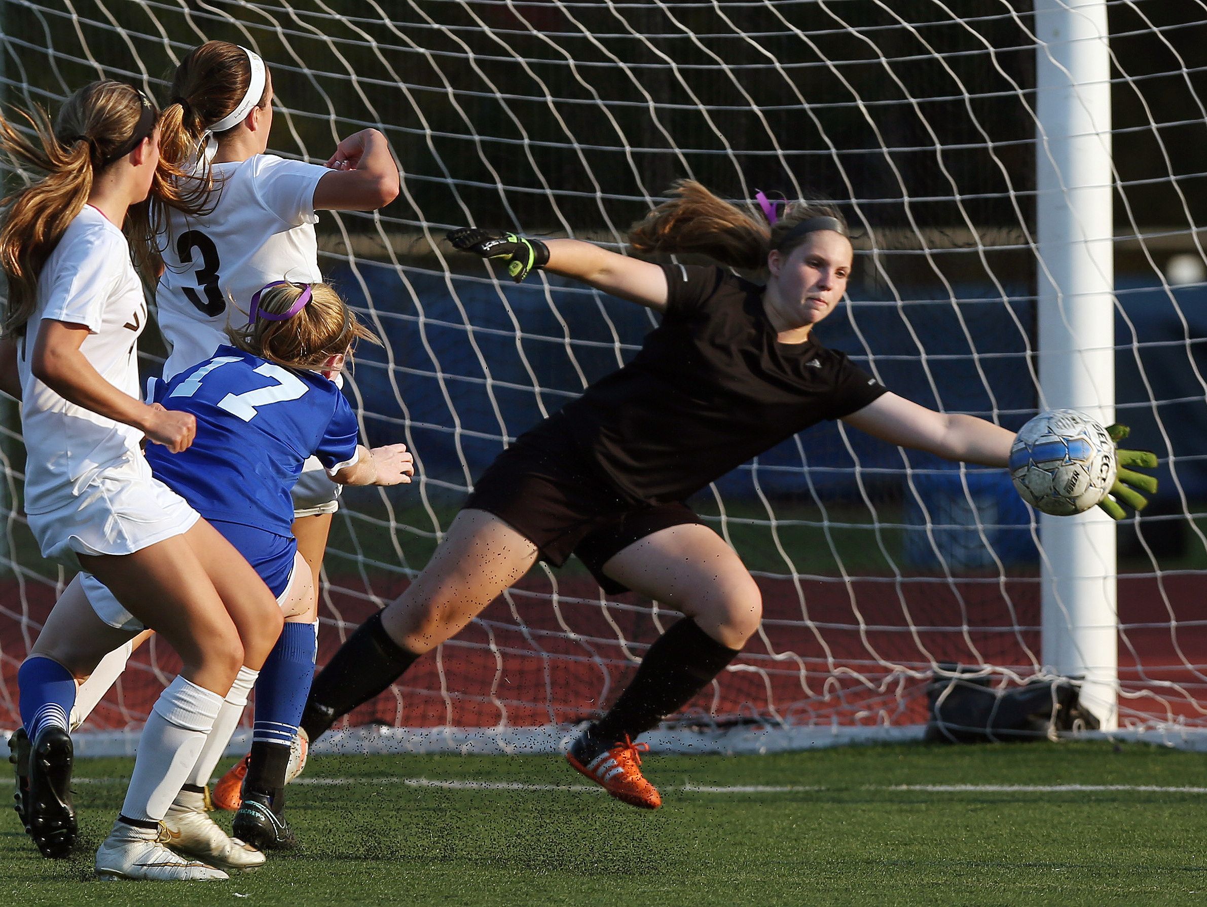 Pirates keeper Katherine Carstenson makes a save during Tuesday's game. Clarkstown South and Pearl River played to a 0-0 tie at Clarkstown South High School in West Nyack.