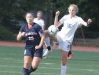 Bronxville's Mason Warble (10) attempts to control the ball away from Braircliff's Jackie Contento (13) during a Section 1, Class B girls soccer quarterfinal game between Bronxville and Briarcliff at Bronxville High School on Tuesday, Oct. 25th, 2016. Bronxville won 4-1.