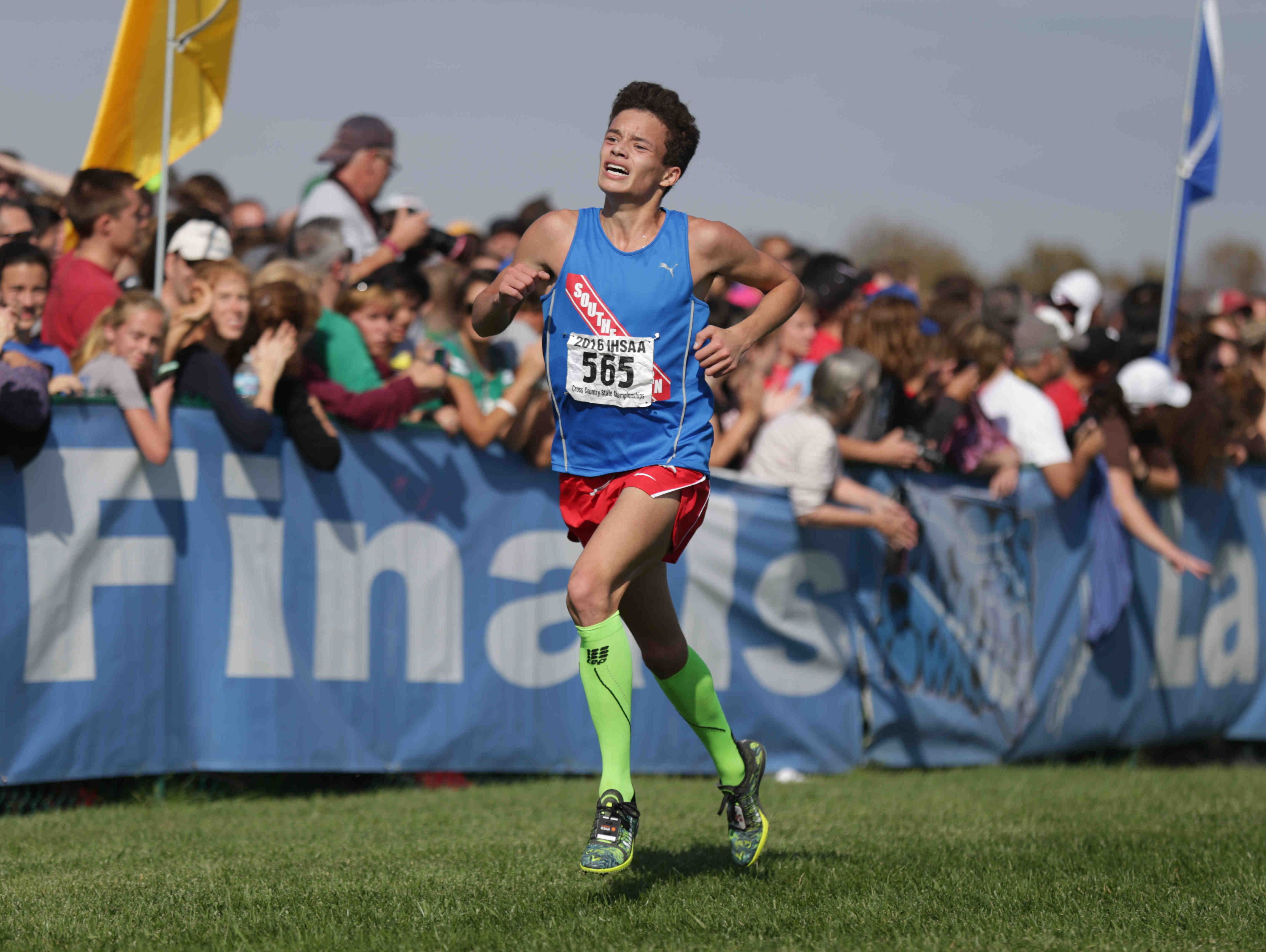 Hamilton Southeastern junior Gabe Fendel, who finished second overall, heads toward the finish line during the IHSAA cross country state finals in Terre Haute.