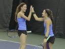 Ursuline's Vanessa Ciano (left) and Laina Campos celebrate after winning a point during a quarterfinal match at the New York State girls tennis tournament at Sound Shore Indoor Tennis in Port Chester on Sunday, Oct. 30th, 2016.
