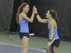 Ursuline's Vanessa Ciano (left) and Laina Campos celebrate after winning a point during a quarterfinal match at the New York State girls tennis tournament at Sound Shore Indoor Tennis in Port Chester on Sunday, Oct. 30th, 2016.