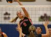 Penfield’s Alea Steigerwald makes a play at the net against Victor’s Makenzie Bills. Penfield won in straight sets.