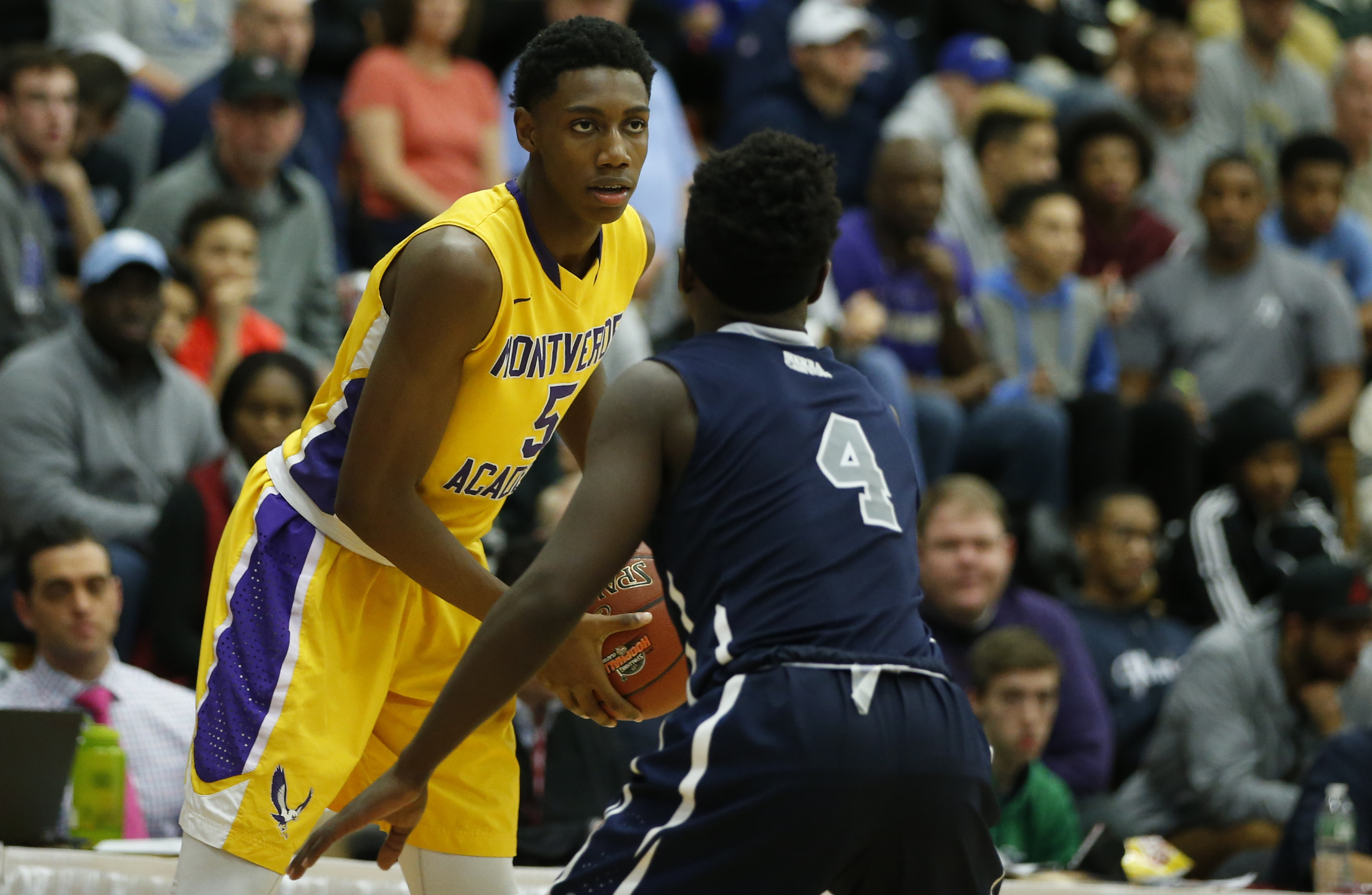 Jan 18, 2016 -- Springfield, MA, U.S.A -- Montverde RJ Barrett (5) looks for an opening against Sierra Canyon Devearl Ramsey (4) in the second half of the Spalding Hoophall Classic at Blake Arena in Springfield, Mass. -- Photo by David Butler II-USA Today Sports Images ORG XMIT: US 134344 Spalding Hoophal 1/17/2016 [Via MerlinFTP Drop]