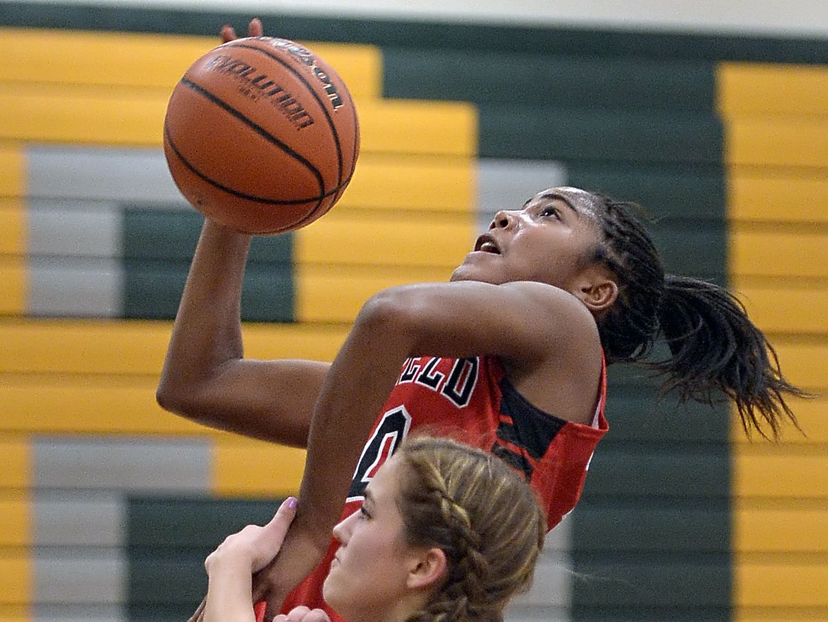 Penfield's Makaila Wilson, top, is fouled by Rush-Henrietta's Destinee Johnson during 2015-16 Monroe County league play.