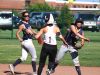 Brighton’s Eliza Demers gets Pittsford Mendon’s Leah Montione out at second and throws to first to complete a double play.