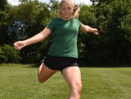 As part of her workout routine, Eileen Fiore practices shooting the ball at Spackenkill High School on Monday.