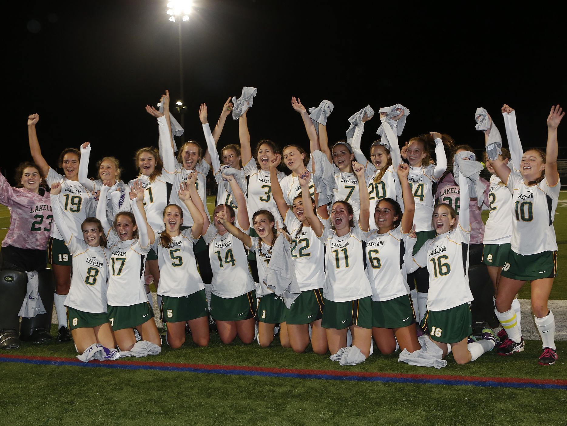 Lakeland players celebrate their 4-1 win over Rye in the Class B field hockey section finals at Brewster High School on Tuesday, November 1, 2016.