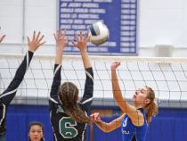 Hendrick Hudson's Zoe Staats (3) blocks Yorktown's shot during Section 1 Class A girls volleyball quarterfinal at Hendrick Hudson High School in Montrose Nov. 1, 2016.