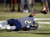 Independence wide receiver T.J. Sheffield (2) lies on the ground after catching a touchdown pass against Gallatin during the first of an high school football playoff game on Friday, Nov. 4, 2016, in Thompson's Station, Tenn.
