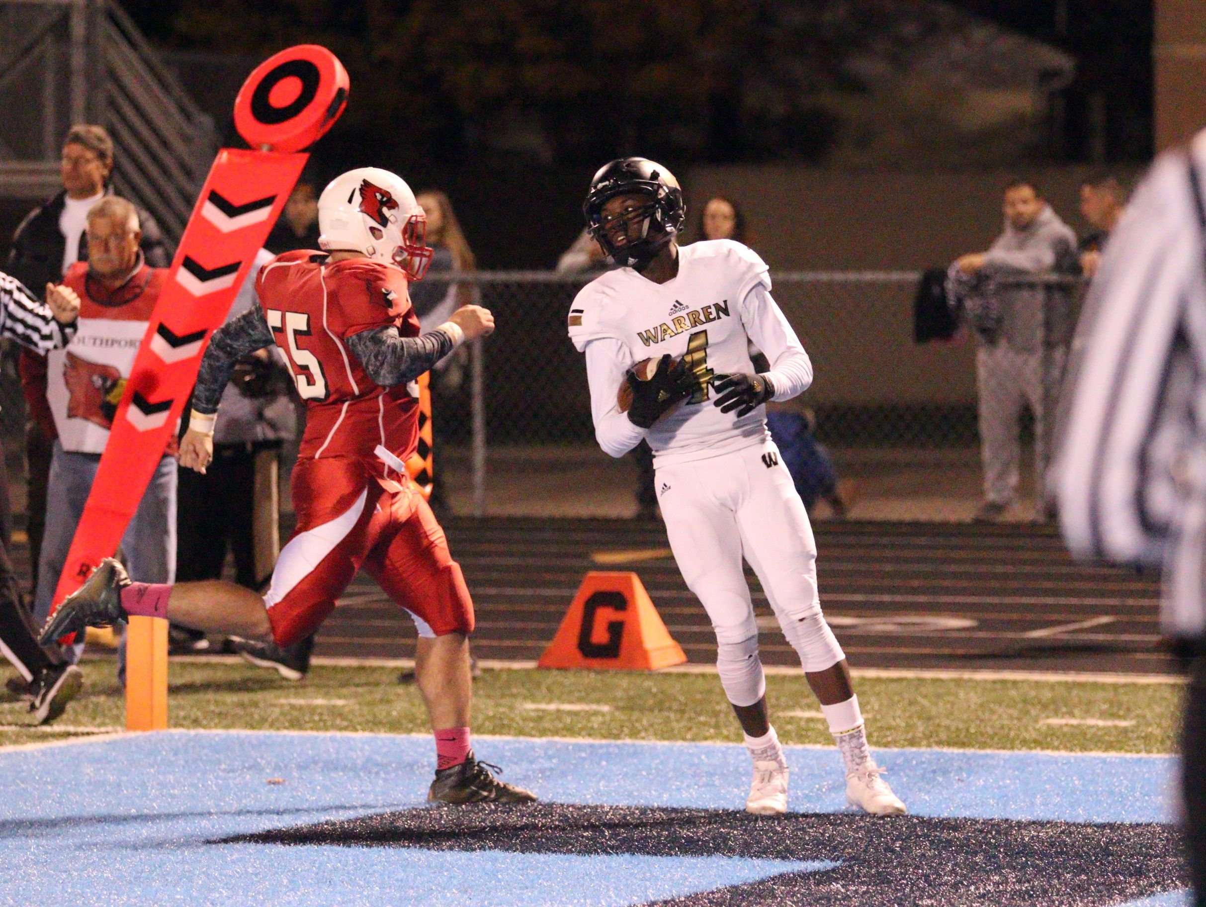 Warren Central WR David Bell (right) scored three times against Southport on Friday night.