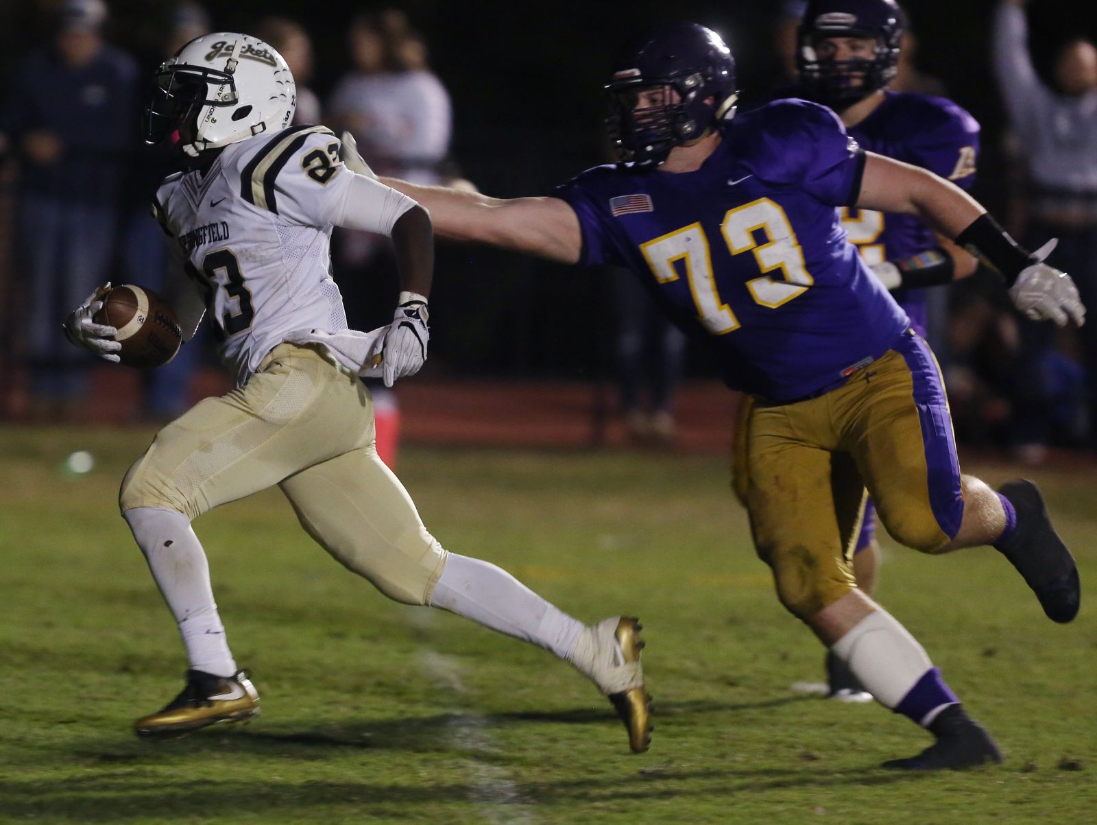 Springfield's Dayron Johnson crosses the goal line to score a touchdown as Lipscomb Academy's Rutger Reitmaier attempts to tackle him during their playoff game at Lipscomb Academy Friday November 4, 2016.