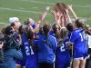 The Pearl River girls soccer team celebrates after winning the Class A regional final against Goshen.