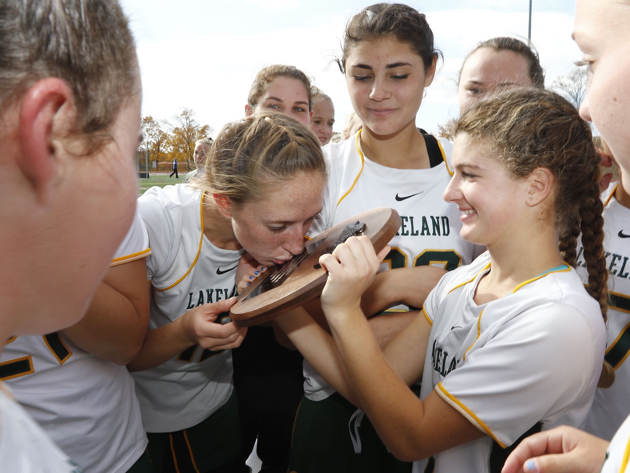 Lakeland celebrates their 8-0 win over Red Hook in the Class B regional championship field hockey game at Valhalla High School on Saturday, November 5, 2016.