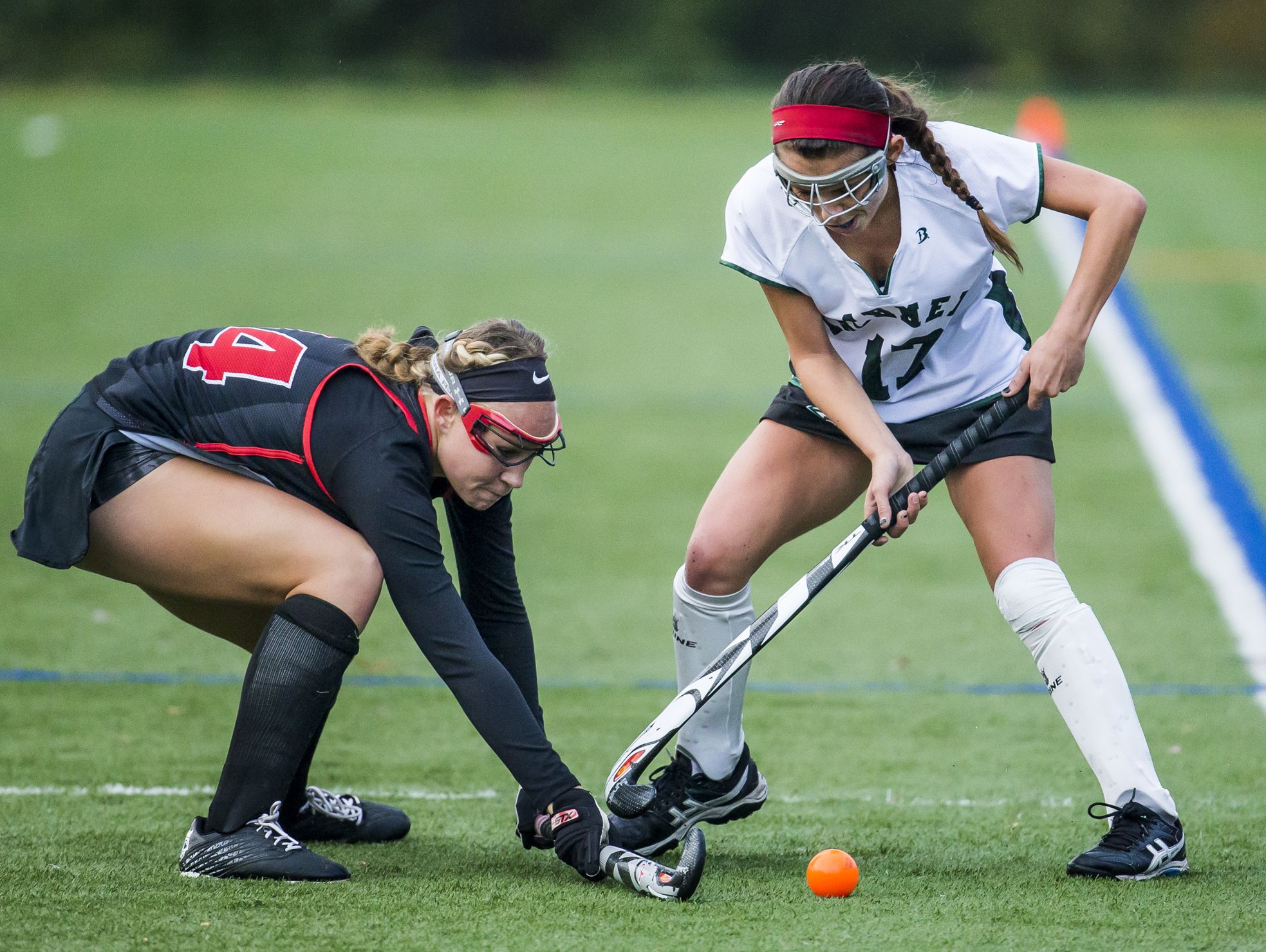 Polytech's Madison Knight (left) and Archmere's Lauren Ross (right) in the second half of Polytech's 1-0 win over Archmere at Archmere Academy in their DIAA playoff game on Wednesday afternoon.